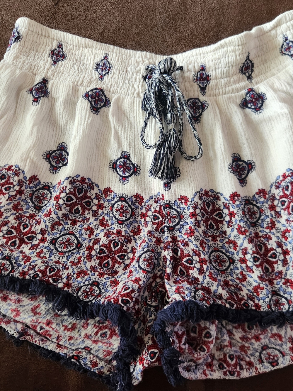 No Boundaries White Shorts with Red & Navy Medallion Print